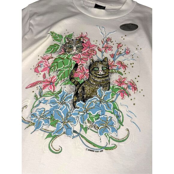 Vintage Diamond Dust Women’s Medium Glitter Cat T-Shirt Cat Lovers USA 90s NEW - Picture 1 of 8